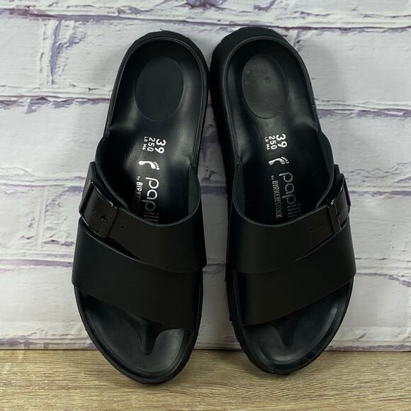 Papillio Birkenstock Almina Black Platform Sandals Women's 39 US 8 Leather Slide - Picture 7 of 9